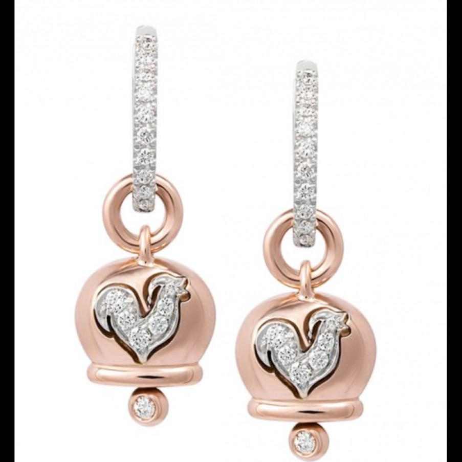 Idee Regalo chantecler | Orecchini Campanella Piccoli In Oro Rosa 18Kt, Diamanti E Gallo In Pave Di Diamanti