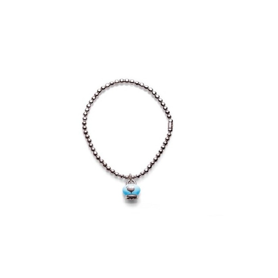 Idee Regalo chantecler | Bracciale Pallinato In Argento Con Ciondolo Campanella Micro In Argento Con Smalto Azzurro, Biglierina Fissa