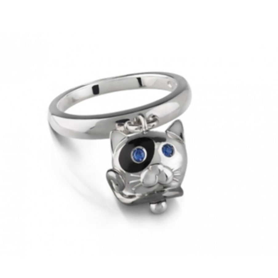 Idee Regalo chantecler | Anello Campanella Gatto In Argento, Smalto Nero, Zaffiri Blu