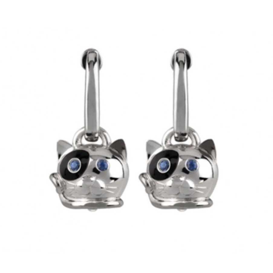 Idee Regalo chantecler | Orecchini Gatto Micro In Argento, Smalto Nero E Zaffiri Blu