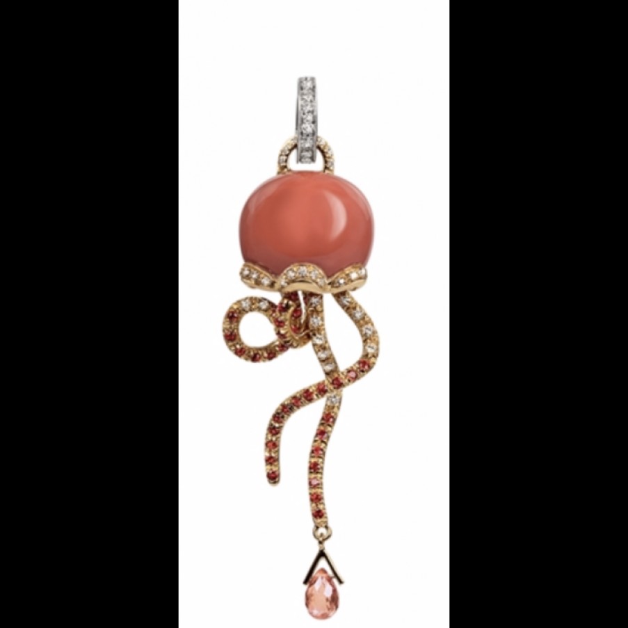 Idee Regalo chantecler | Ciondolo Mini Medusa In Oro Giallo, Corallo Arancio,Diamanti E Zaffiri Orange